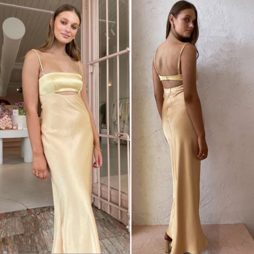 Bec & Bridge Carrie Maxi Dress Yellow Cutout Satin Slip Gown Sleeveless 10 US - Picture 4 of 13